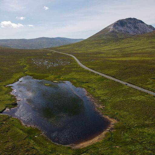 An aerial shot of the reservoir near the narrow road between the isolated fields