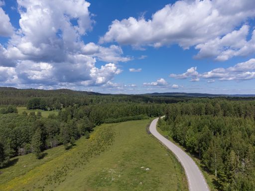 Aerial view of road, large green field, forest and blue sky with clouds in the background. Drone photography taken from above in Sweden in summer.