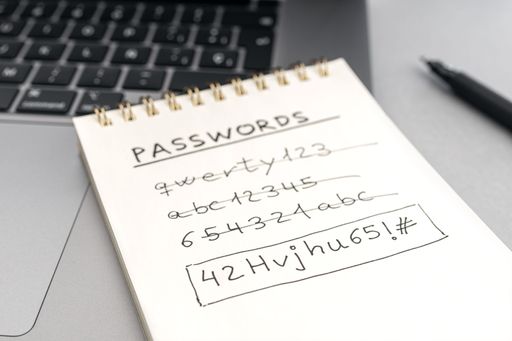 Strong computer security password concept. Changing a weak easy Password for a strong one. Handwritten text on notepad on laptop