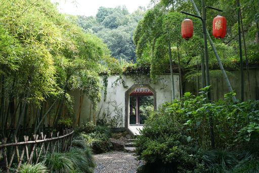 A scenic view of an old Asian house surrounded by beautiful trees