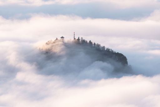 Dense clouds covering the mountain with a house on the peak and full of pine trees