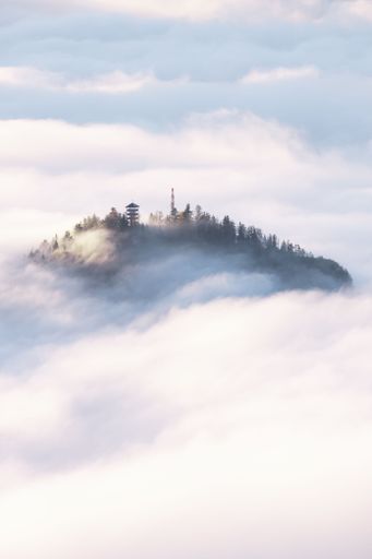 A closeup shot of clouds covering the mountain with a house on the peak and full of pine trees