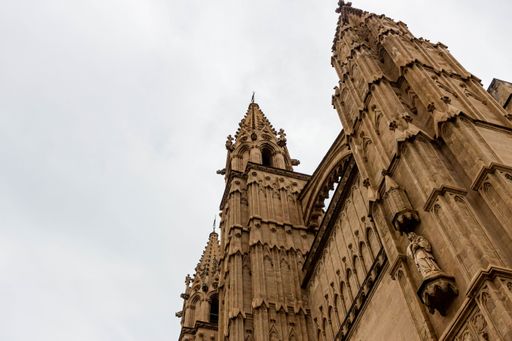 A low angle shot of the Palm Cathedral with high towers and gothic style decorations