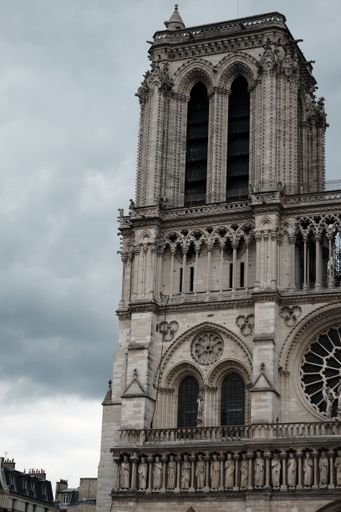 A vertical shot of Notre Dame Cathedral against a cloudy sky in Paris, France