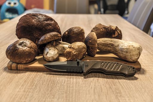 A closeup shot of mushrooms with a knife on a chopping board