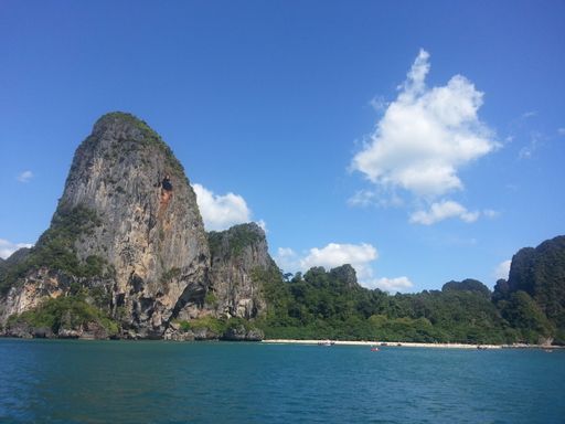 water with tall Islands of Krabi and a beach in the background