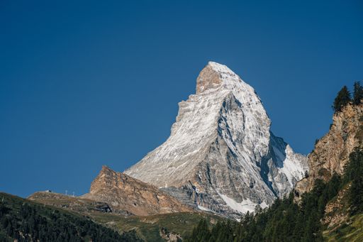 Beautiful view of iconic alpine peak Matterhorn, Switzerland. Famous Matterhorn mountain near Zermatt. Summit of the World's most famous mountain.