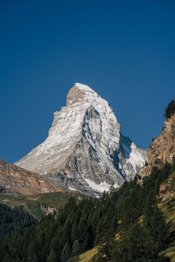 Beautiful view of iconic alpine peak Matterhorn, Switzerland. Famous Matterhorn mountain near Zermatt. Summit of the World's most famous mountain.