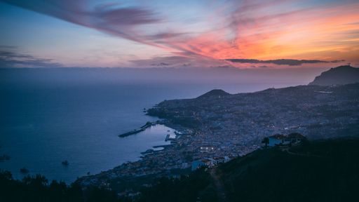 An aerial view of the Funchal, Madeira Island, Portugal at sunset