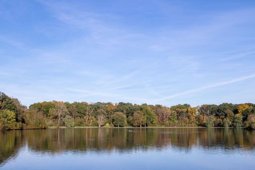 A tranquil scenery of a lake with reflections of autumn trees
