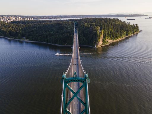 An aerial shot of the beautiful Lions Gate Bridge,  Vancouver, British Columbia
