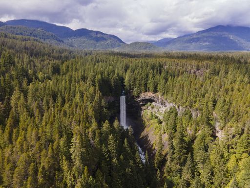 An  aerial beautiful shot from Helmcken Falls, British Columbia, Canada