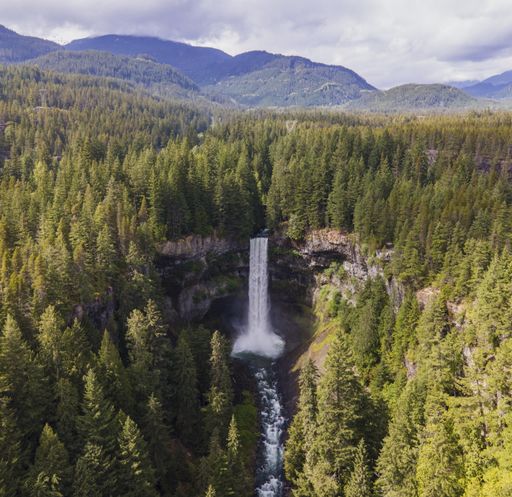 An aerial beautiful shot from Helmcken Falls, British Columbia, Canada