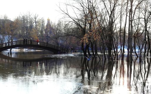 A beautiful shot of water reflecting the trees with people standing on the bridge in the distance in Russia
