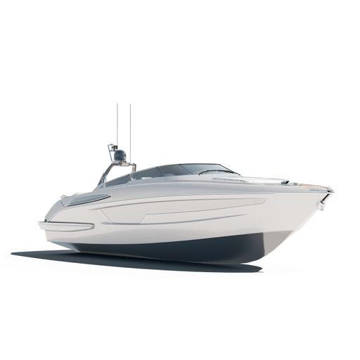 A digital render of a modern luxurious yacht on a white background