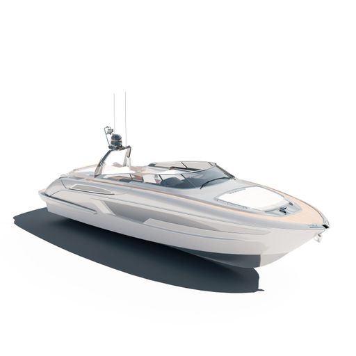 A digital render of a modern luxurious yacht on a white background