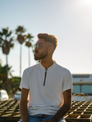A vertical shot of a young sexy male with facial hair and sunglasses posing near palm trees