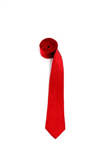 A red color polyester necktie isolated on white background top view