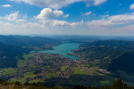 An aerial view of mountains surrounding the town Tegernsee, Germany