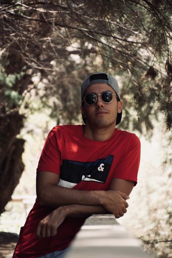 A vertical shot of a young male in sunglasses posing while leaning on a border under the trees