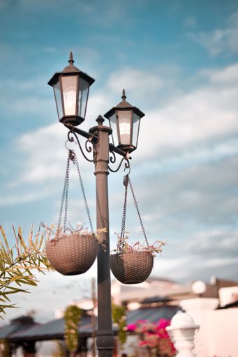 A vertical shot of a street lamp with decorative flower pots