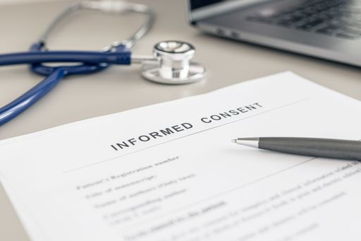 Informed Consent form, pen and stethoscope on doctor desk