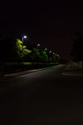 A vertical shot of lanterns illuminating an asphalt road at night in Muscat, Oman