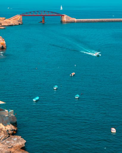 A vertical shot of the sea and boats with St Elmo Bridge in the background. Malta.