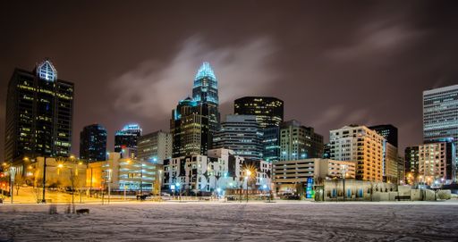 The uptown skyline of Charlotte, North Carolina on a winter evening