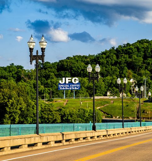 The historic Gay Street Bridge lined with lamps in Knoxville, Tennessee