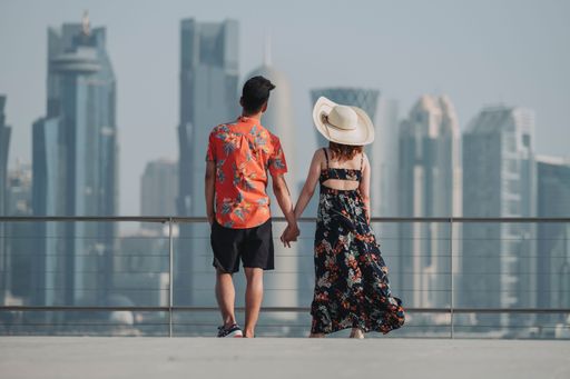 Prenuptial Doha Qatar holding hands holding hands skyline back