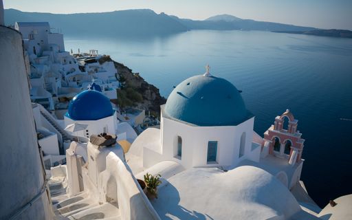 The famous Blue Domed Church Santorini in the morning