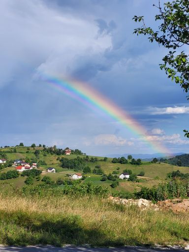 A vertical shot of country houses on a field under a rainbow in a cloudy sky