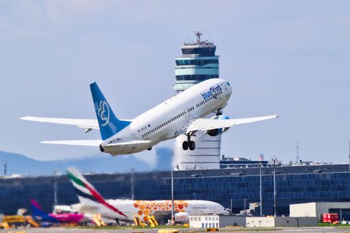An airplane taking off in the Vienna airport
