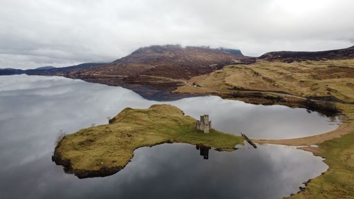 An aerial view of the Ardvreck Castle, Loch Assynt in Sutherland, Scotland