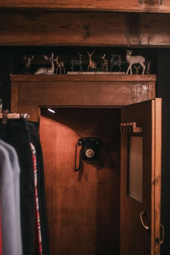 A vertical shot of a room with clothes a wooden door with deer statues and a black hanging phone