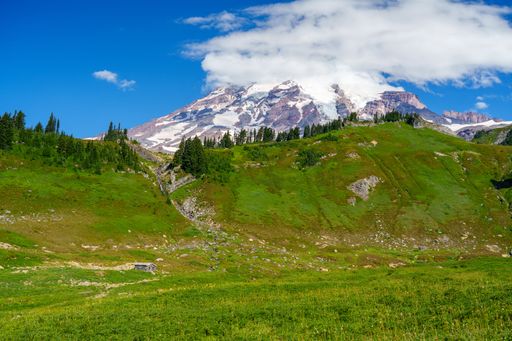 A scenic view of rocky mountains in Mount Rainier National Park, Washington in sunlight