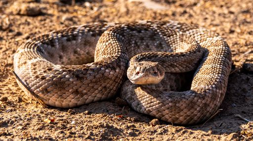 A closeup shot of a venomous coiled rattlesnake in the wilderness in Arizona on a sunny day
