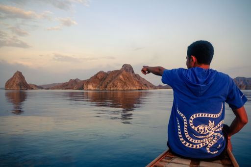 A closeup of a man from behind pointing on the hills near the lake