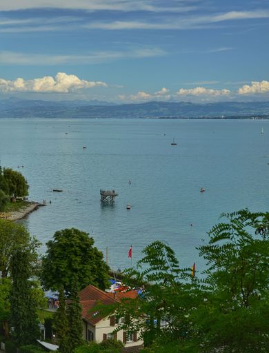 A vertical view of the Lake of Balaton in Hungary under the cloudy sky with a little piece of trees on the shore