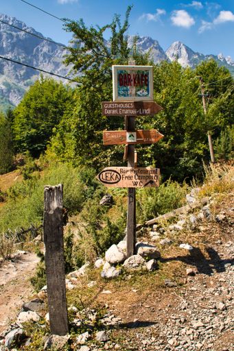 A vertical shot of a sign on the path between Valbona and Theth.