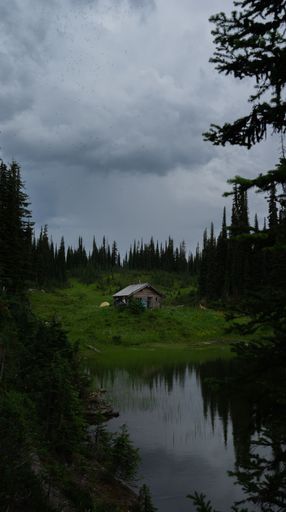 A vertical shot of a lonely house in the forest in front of a lake on a cloudy day in Vernon, Canada