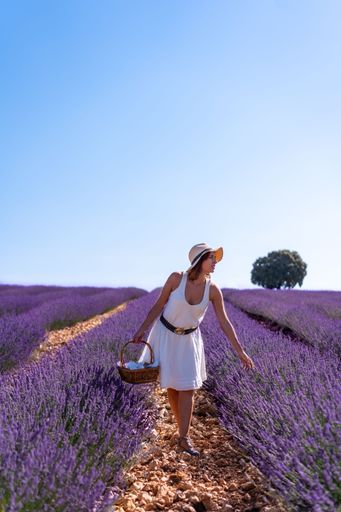 A vertical shot of a caucasian woman in a summer lavender field