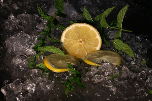 A closeup shot of lemon slices and mint leaves on the ice