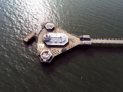 An aerial shot of Llandudno Pier in North Wales, United Kingdom