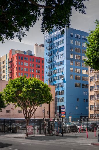 A vertical shot of the colorful skyscrapers in Los Angeles, CA, USA