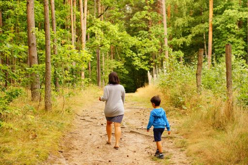 Woman and a child walking on a footpath along high trees in a forest