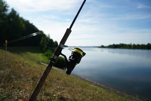 A closeup shot of a fishing rod by the lake under a cloudy sky
