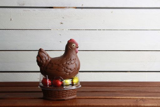 A chocolate hen and egg-shaped Easter candies