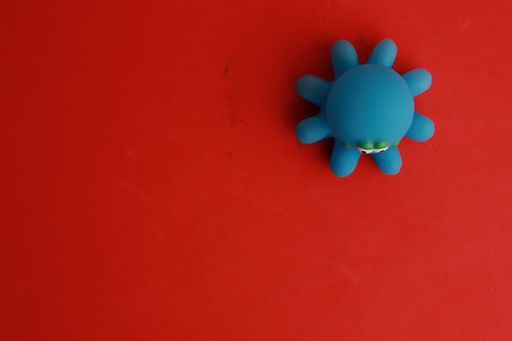 A top view of a small cute blue octopus bathtub toy on a red surface